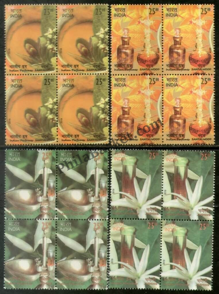 #BK1906 - Indian Perfumes - Sandalwood & Jasmine- Block of four (Set of 4) India MNH - 2019