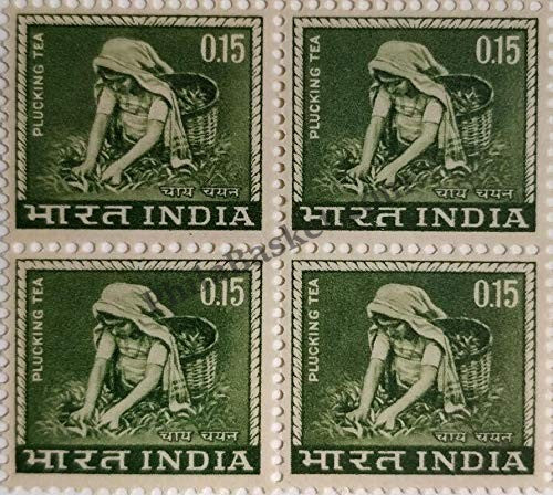 #DBK81 - PluckingTea Ashokan Watermark Definitive Block of Four Stamp India 4th Series Agriculture, Tourism, Export Promotion (21) 15 Aug 1965