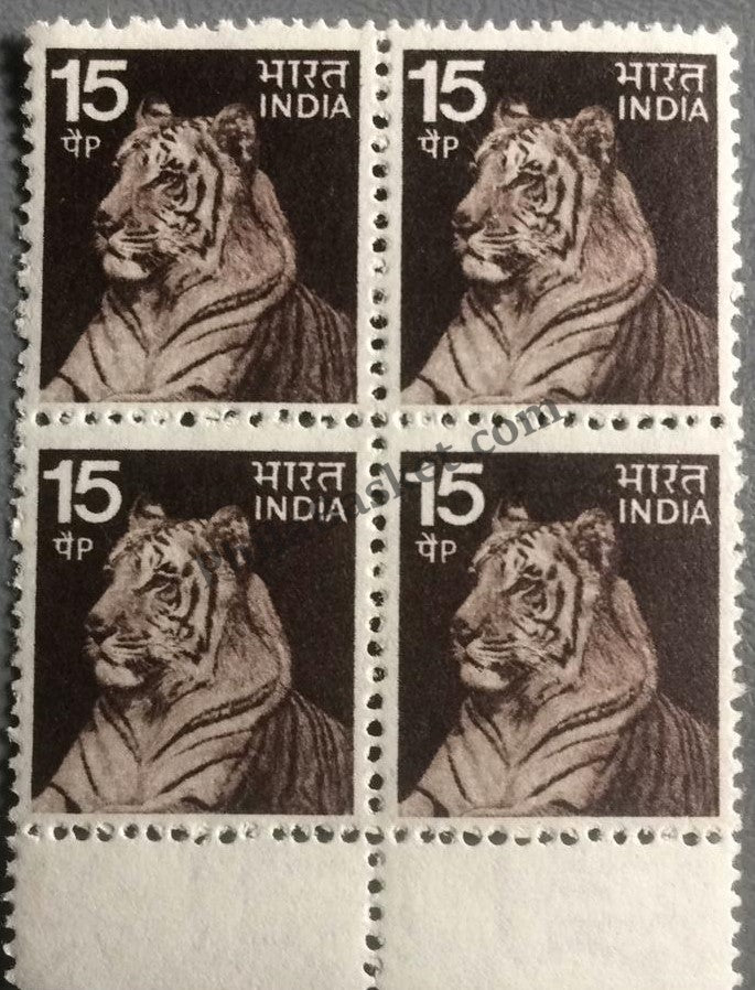 #DBK99 - Tiger black Definitive Block of Four Stamp India 5th Series Agriculture, Tourism, Export Promotion (17) 10 Jan 1974