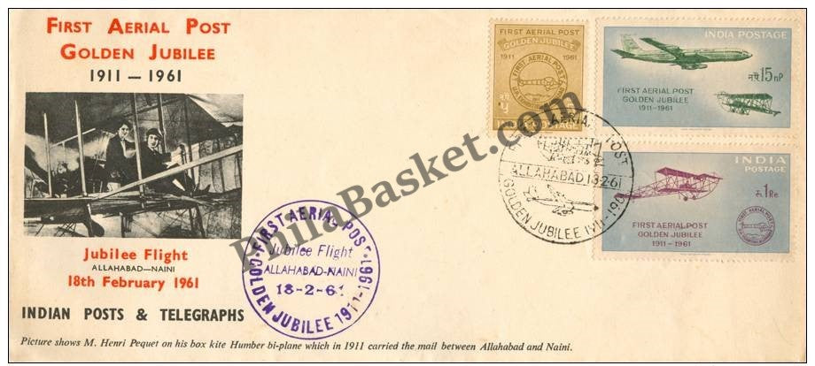 #FDC37 - 50th Anniversary of First Flight Official airmail Flight, Allahabad to Naini (Aerial Post Cancellation) - First Day Cover 1961