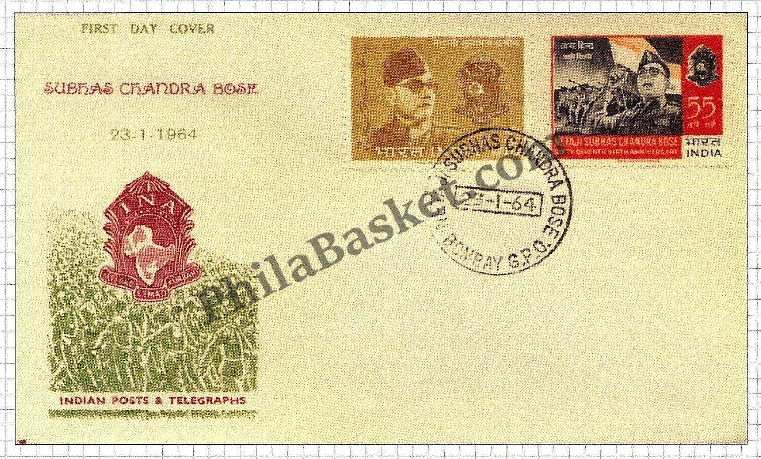 #FDC76 - Netaji and INA Insignia 1 - First Day Cover - 1964 (Place Cancellation)