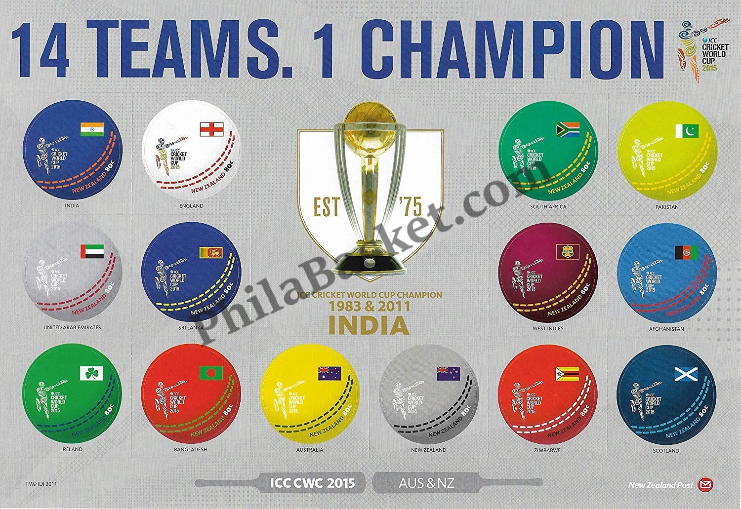 #FI01 - New Zealand Cricket Miniature sheet - Round Shape 14 Stamps - 2015 - Specially Designed for INDIA