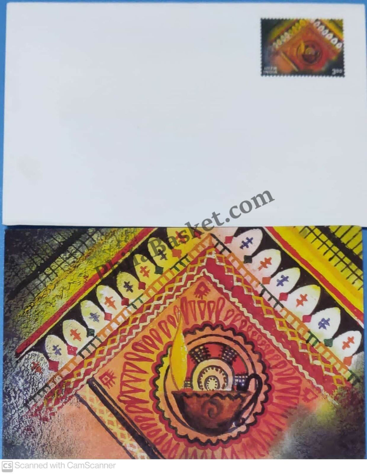 #GS18 - Rangoli & Lamp - 3 Rs Envelop With Card - Diwali - Greeting Card India - 1st Series (32 Cards) - 6 Sep 2000