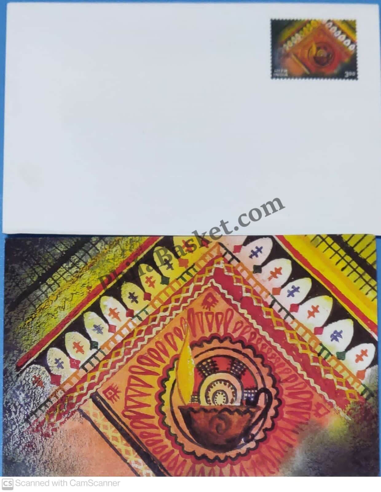 #GS18 - Rangoli & Lamp - 3 Rs Envelop With Card - Diwali - Greeting Card India - 1st Series (32 Cards) - 6 Sep 2000