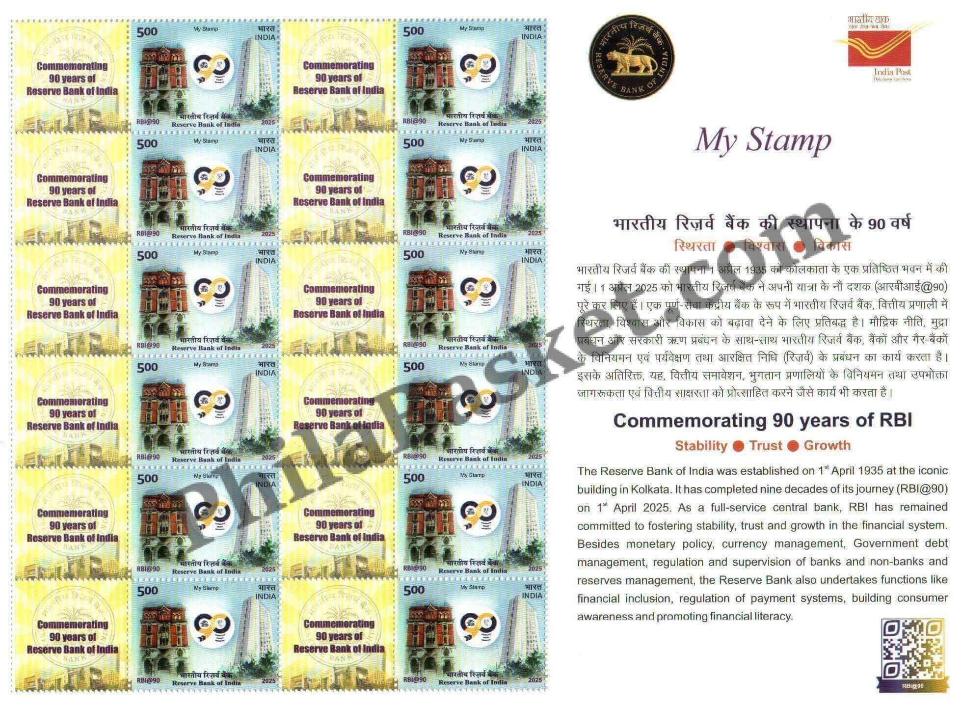 #MYS369 - Commemorating 90 Years of RBI - Reserve Bank of India - Customize My Stamp - 01 Apr 2025