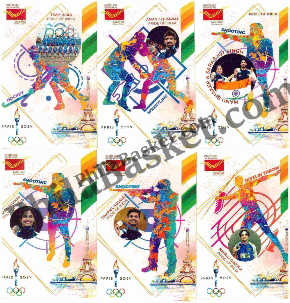 #PC112 - Medal Winners of Paris Olympic (Set of 6) (Manu Bhaker,Aman Sehrawat,Sarabjot Singh,Swapnil Kusale,Neeraj Chopra) - Picture Postcard - Karnataka - India - 05 Aug 2024