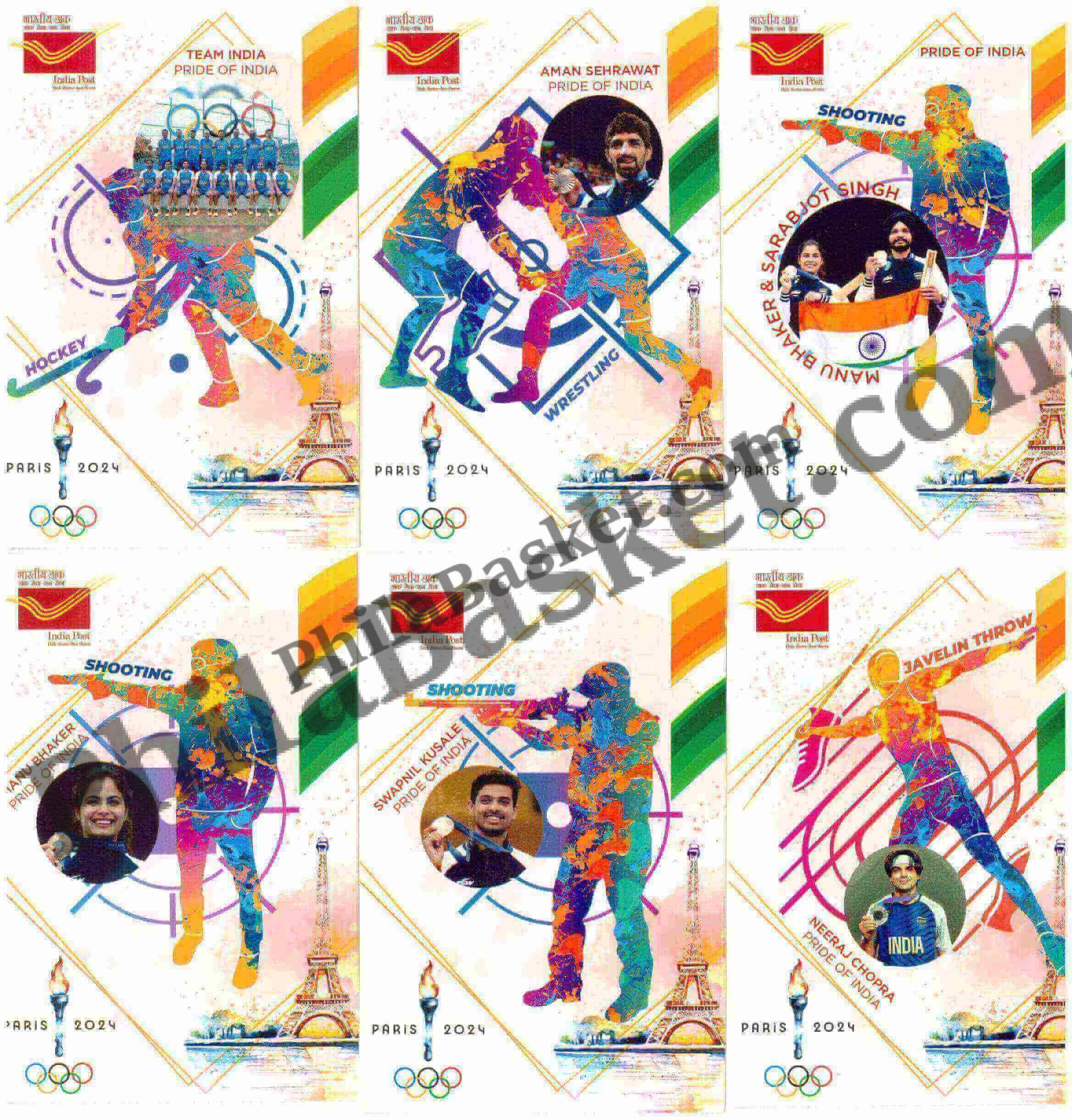 #PC112 - Medal Winners of Paris Olympic (Set of 6) (Manu Bhaker,Aman Sehrawat,Sarabjot Singh,Swapnil Kusale,Neeraj Chopra) - Picture Postcard - Karnataka - India - 05 Aug 2024