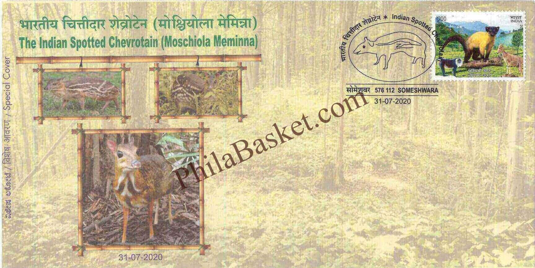 #SC1157 - The Indian Spotted Chevrotain (Moschiola Meminna) with Relevant Stamp by Karnataka circle - Special Cover - India - 31 Jul 2020