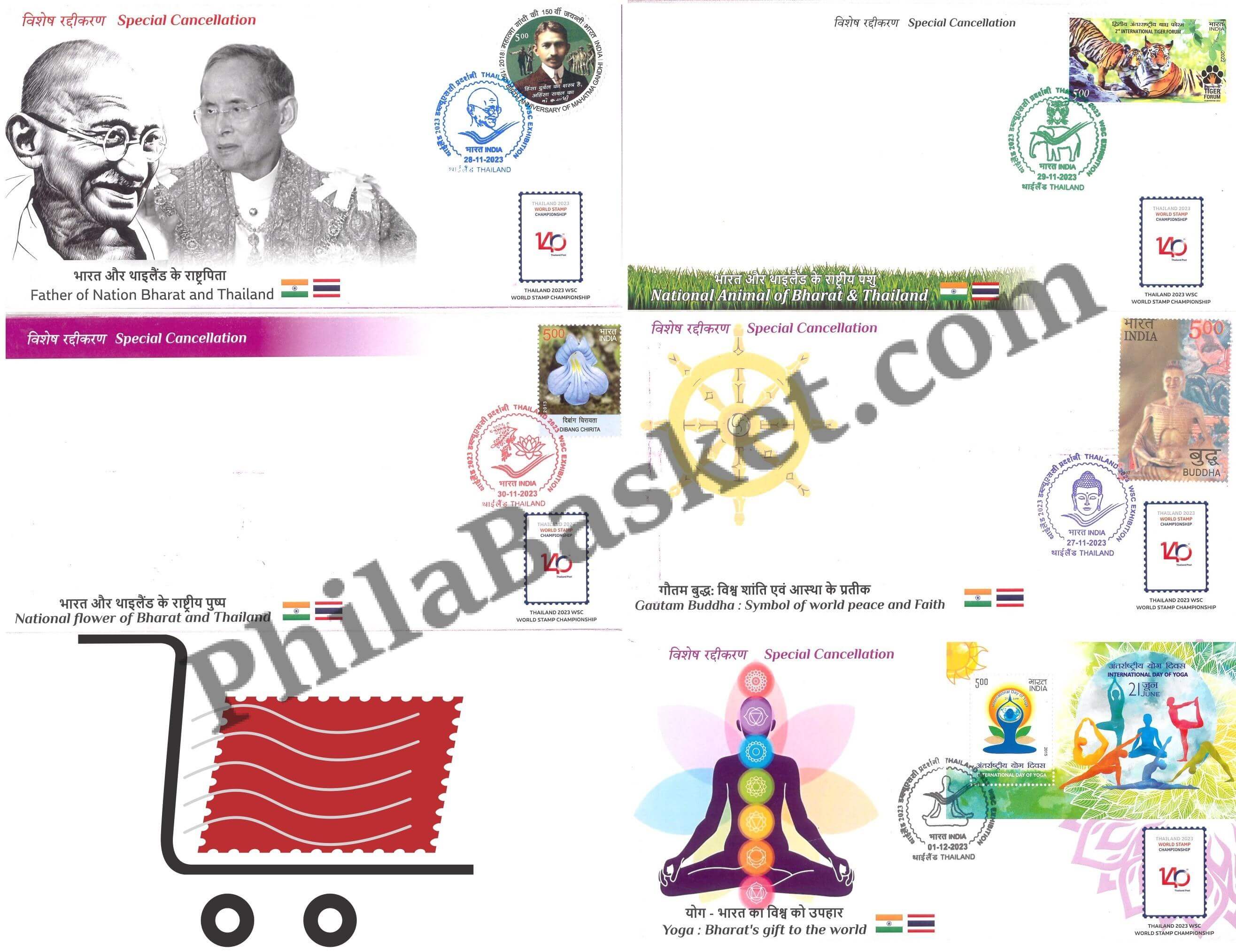 #SC167 - All 5 Cancellation Pvt. 5 Covers (Gandhi, Tiger, Yoga, Lotus, Buddha) Released During Thailand International Exhibition 2023 By India Post- Special Cover - Thailand - 28 Nov 2023