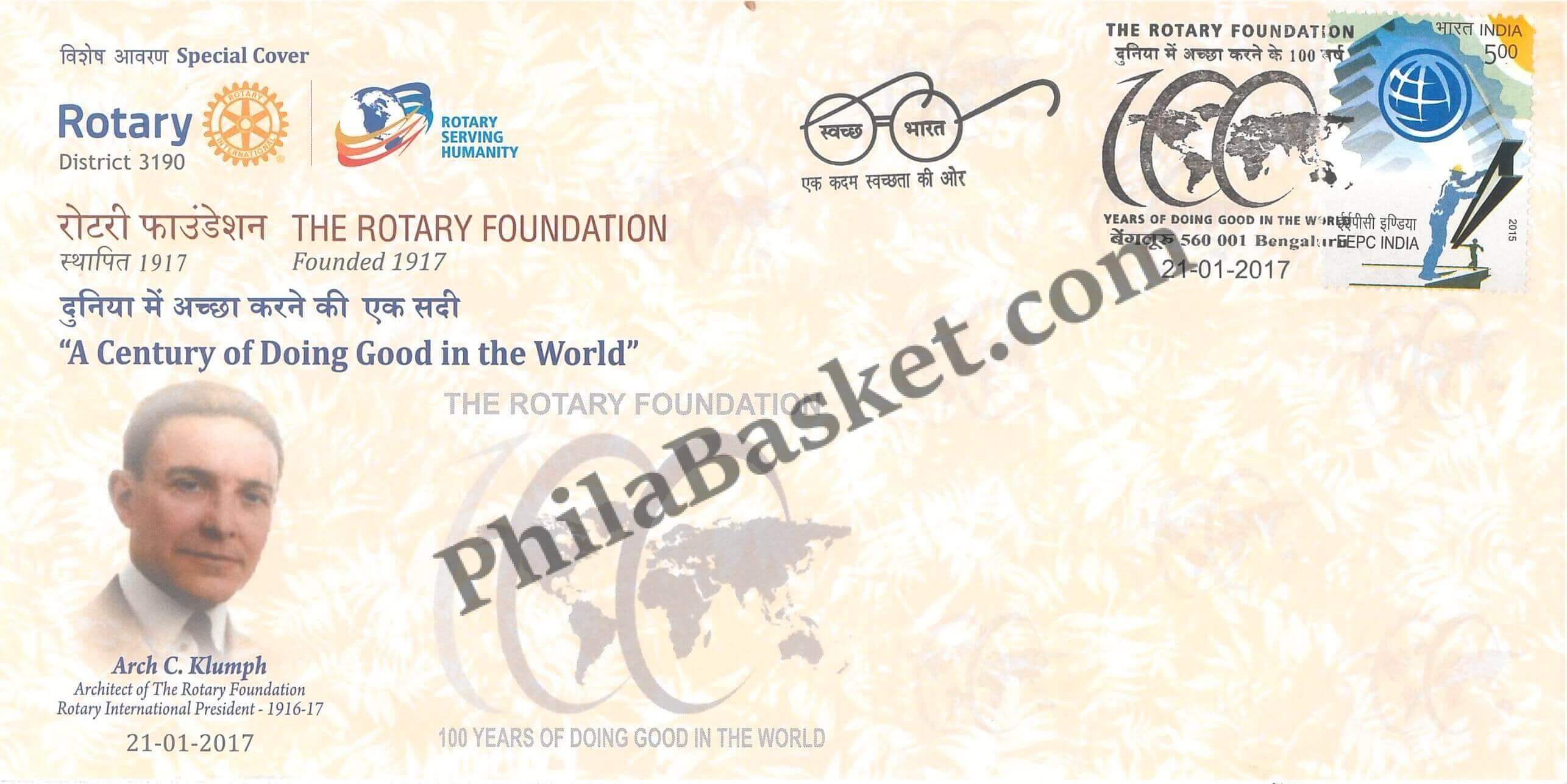 #SC245 - 100 Years of The Rotary Foundation, Arch C Klumph Architect of the Rotary Foundation by Karnataka Circle - Special Cover - India - 21 Jan 2017