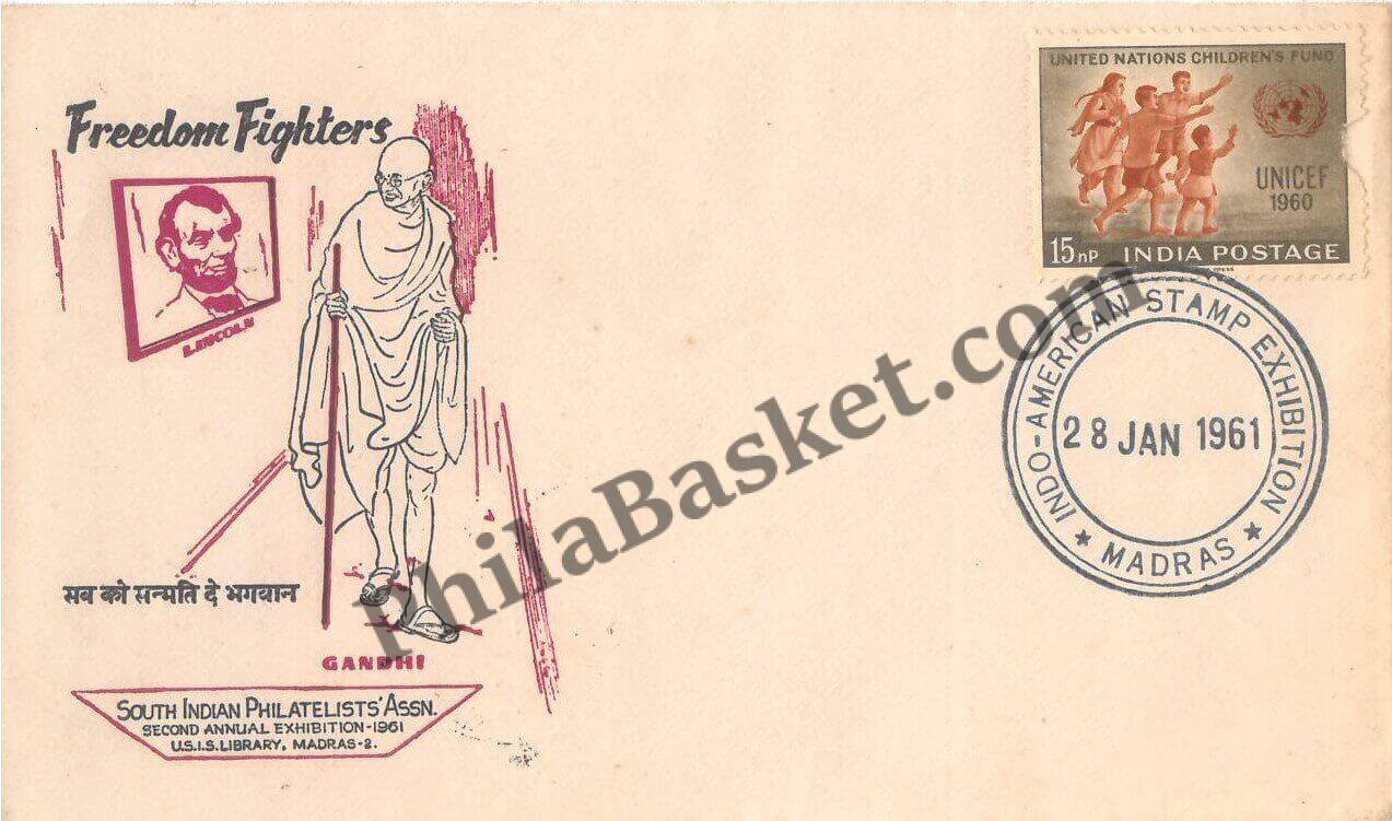 #SC424 - Freedom Fighers - Gandhi - Abraham Lincoln - Indo American Stamp Exhibition by Tamil Nadu Circle - Special Cover - India - 28 Jan 1961