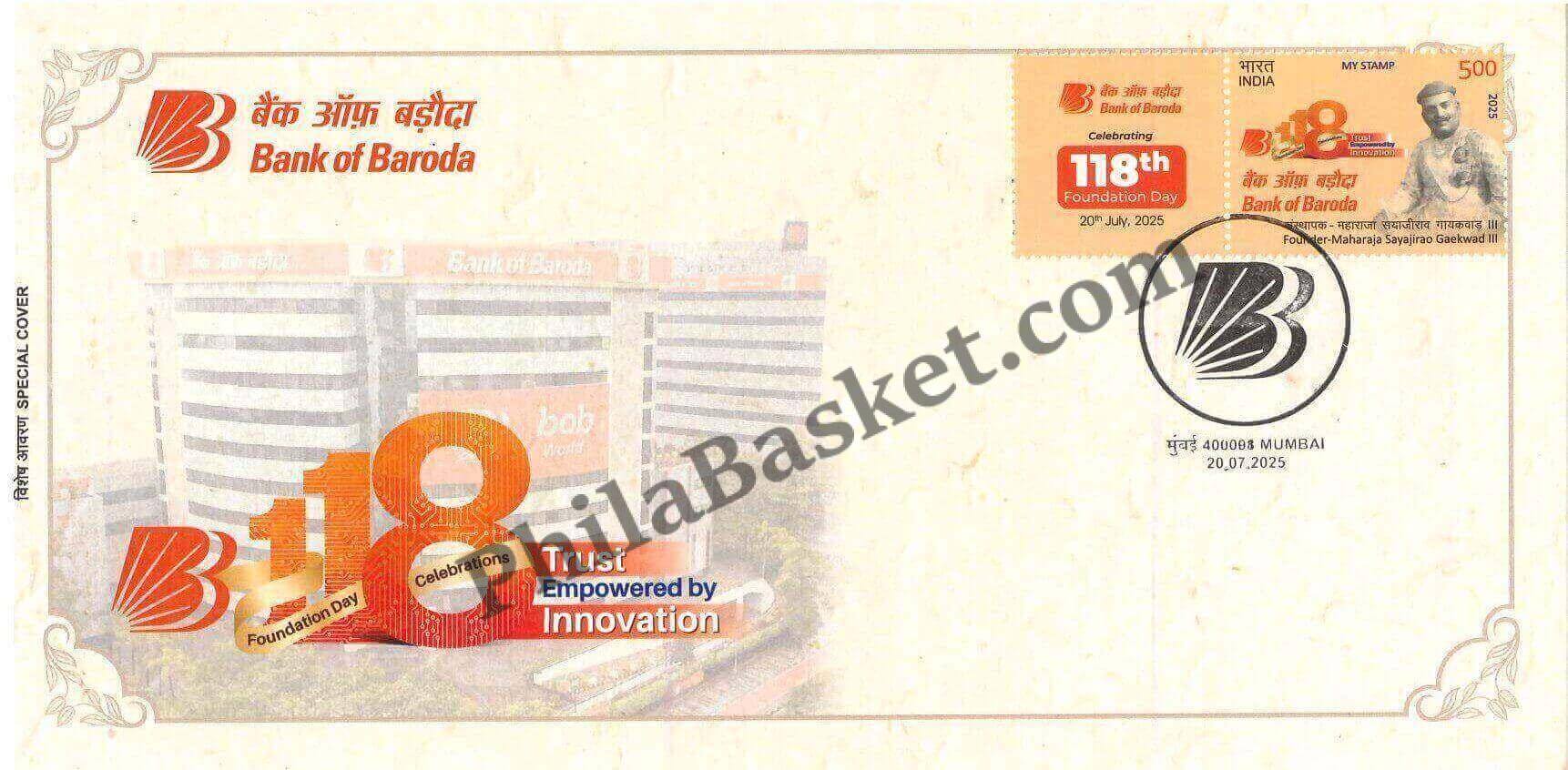#SC926 - Bank of Baroda - Celebrating 118th Foundation Day with My Stamp by Maharashtra circle - Special Cover - India - 20 Jul 2025