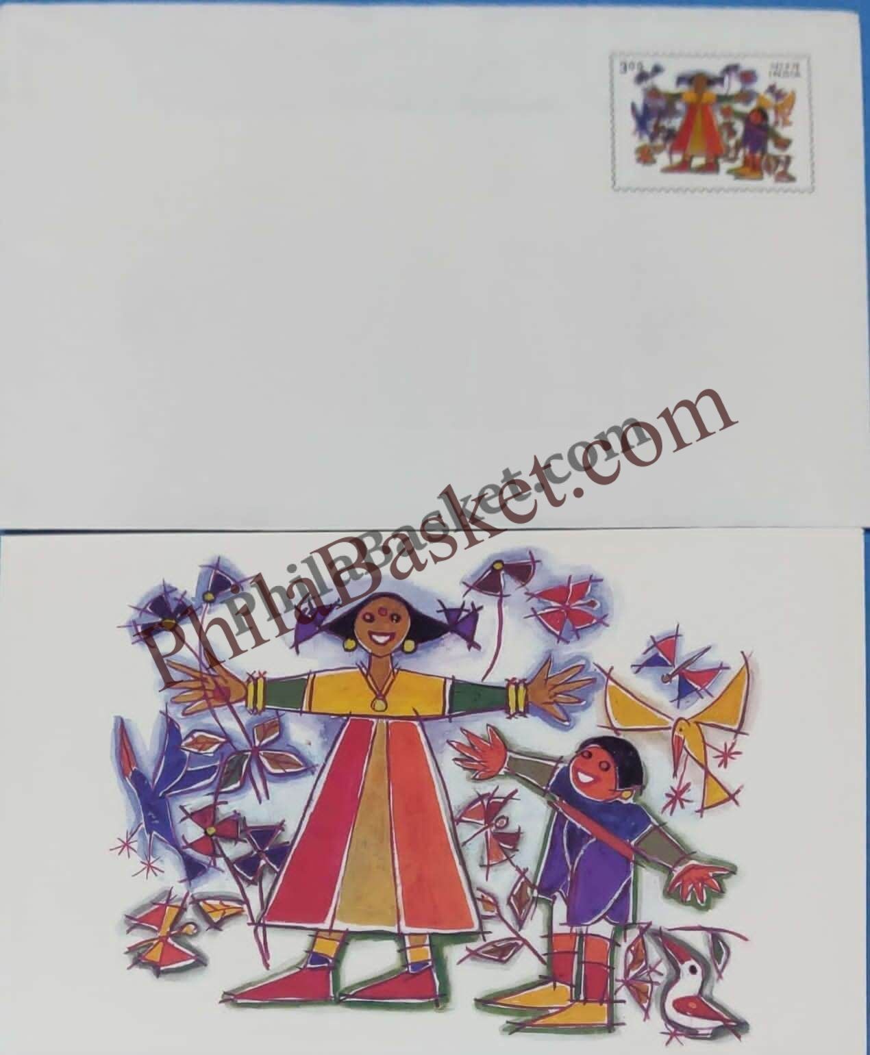 #GS11 - A girl and a boy - 3 Rs Envelop With Card - Diwali - Greeting Card India - 1st Series (32 Cards) - 6 Sep 2000