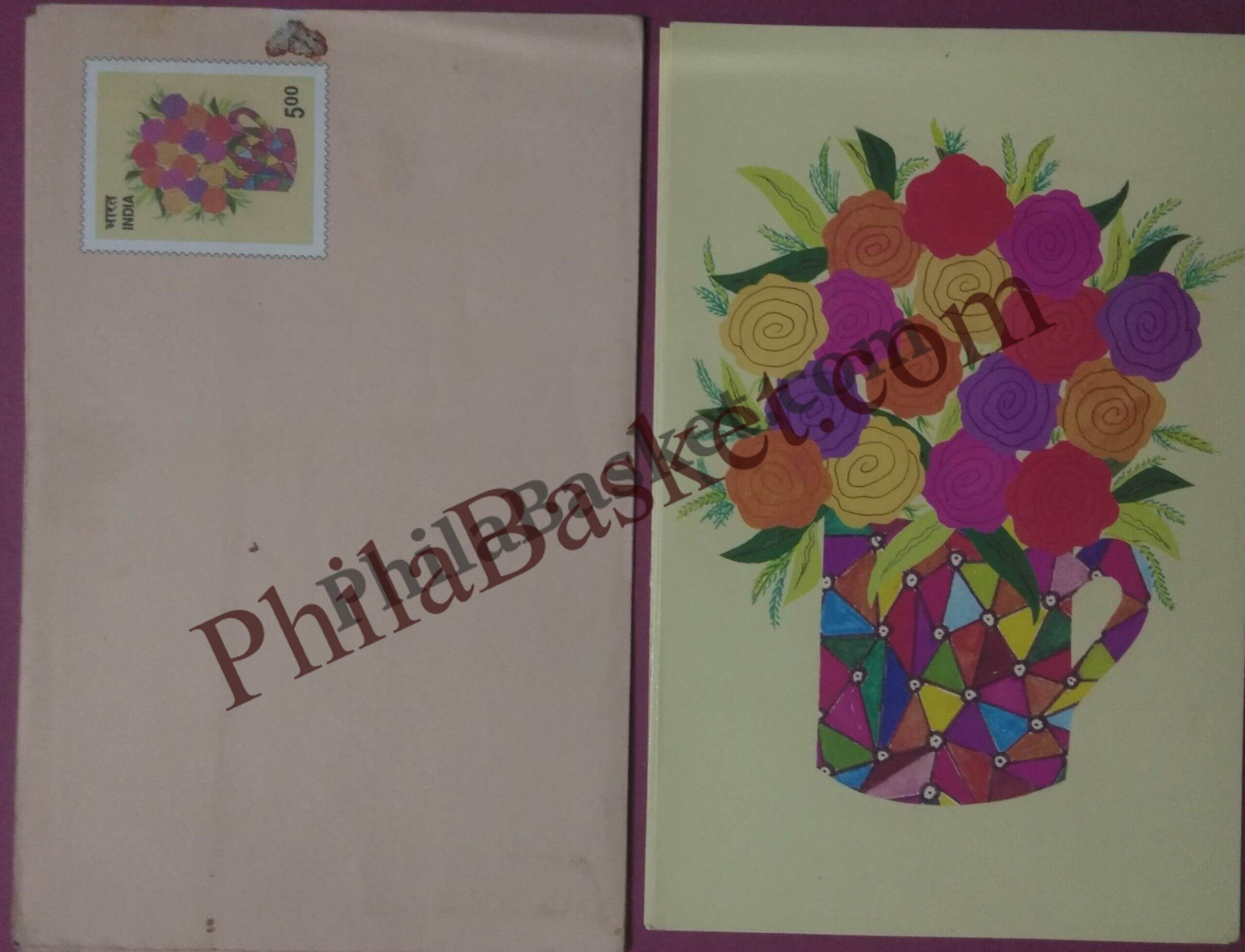 #GS197 - Coloured Roses - 5 Rs Envelop With Card - New Year(R). - Greeting Card India - 11th Series (8 Cards) - 18 Oct 2002