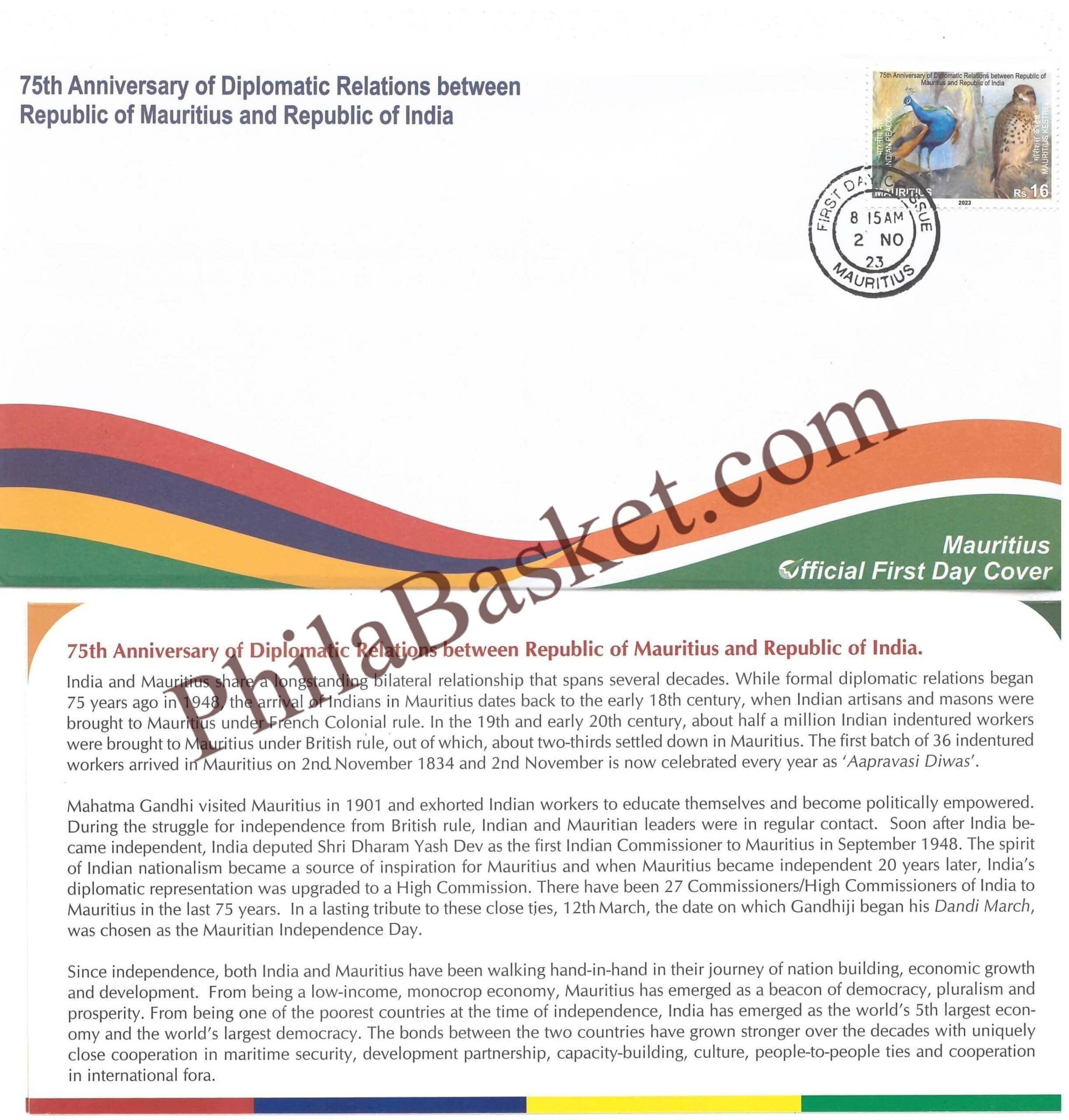 #JS176 - 75th Anniversary of Diplomatic Relatioans between Republic of Mauritius and Republic of India- Joint Issue - First Day Cover with Broucher - Mauritius - 02 Nov 2023