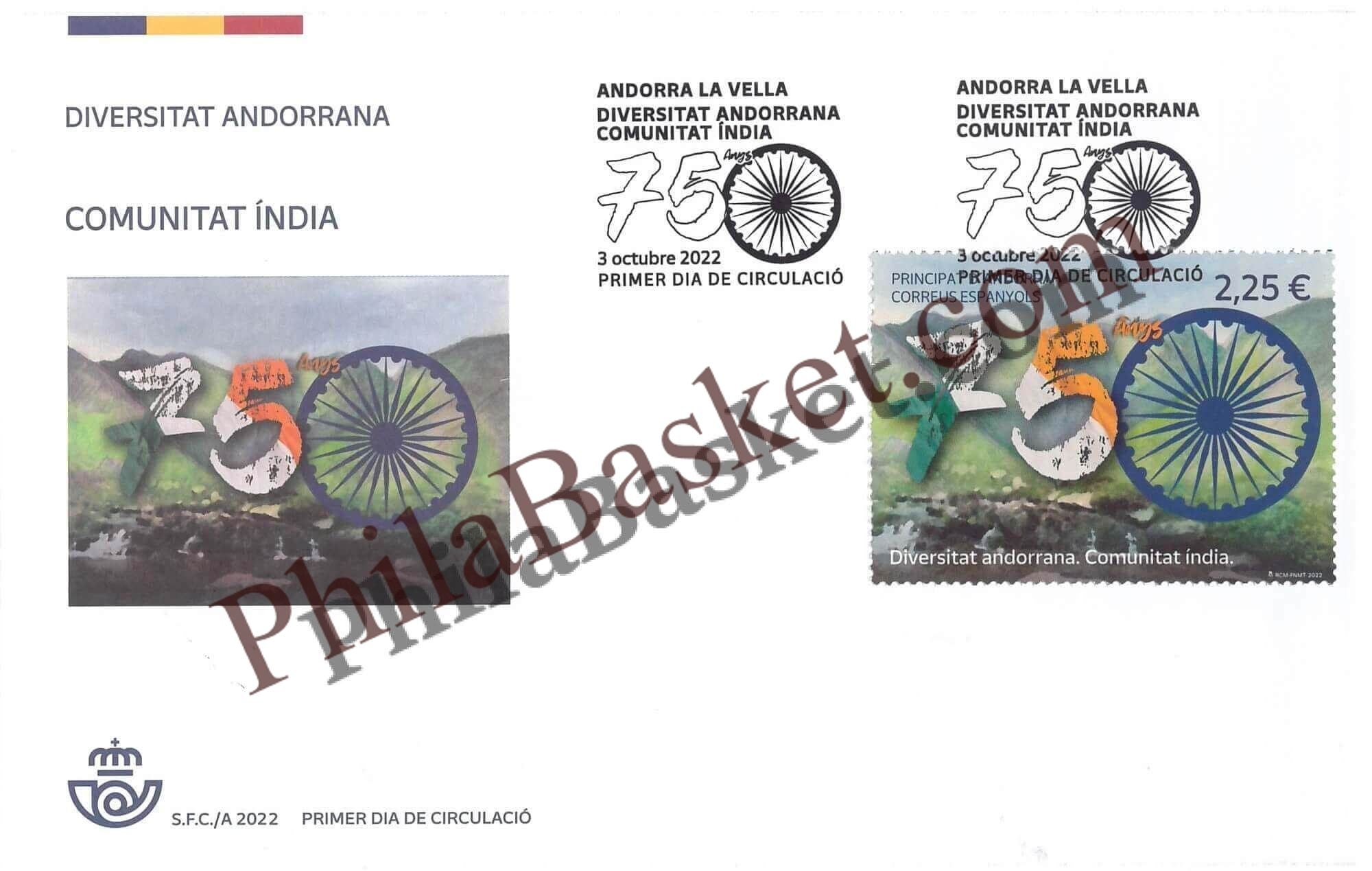 #JS201 - Andorra Diversity Indian Community - 75 Years of Indian Independence - Joint Issue - First Day Cover - Spain - 03 Oct 2022