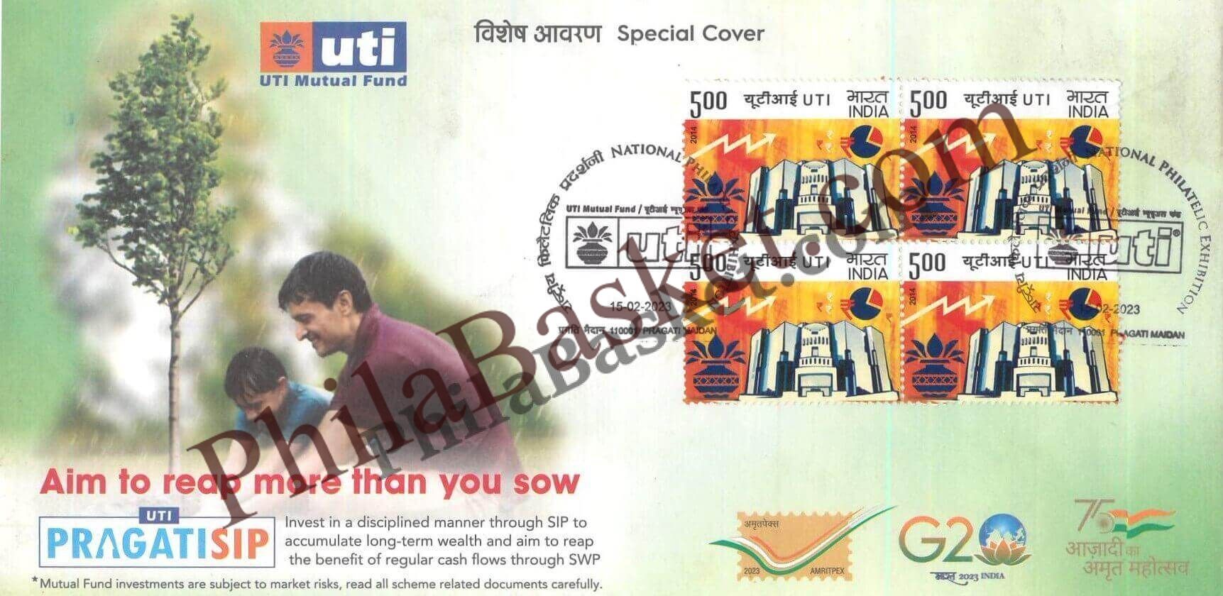#SC1039 - UTI Mutual Fund, Amritpex with Relevant High Value Stamp by New Delhi circle - Special Cover - India - 15 Feb 2023