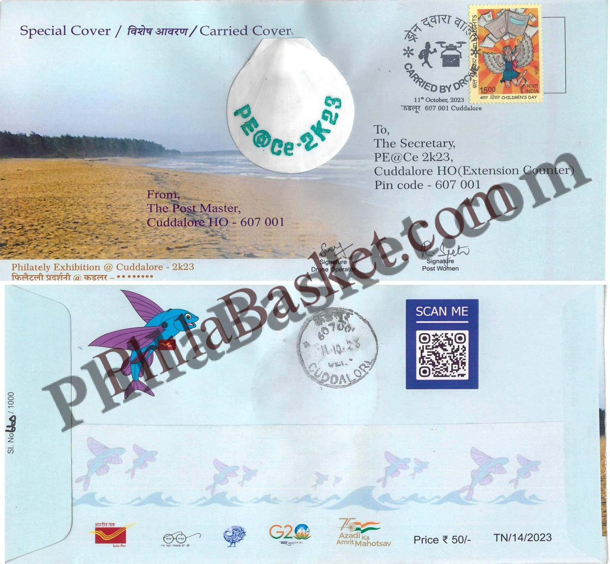#SC174 - Peace 2023 , Drone Carried Cover with Real Sea Shell piece by TamilNadu Circle - Special Cover - India - 11 Oct 2023