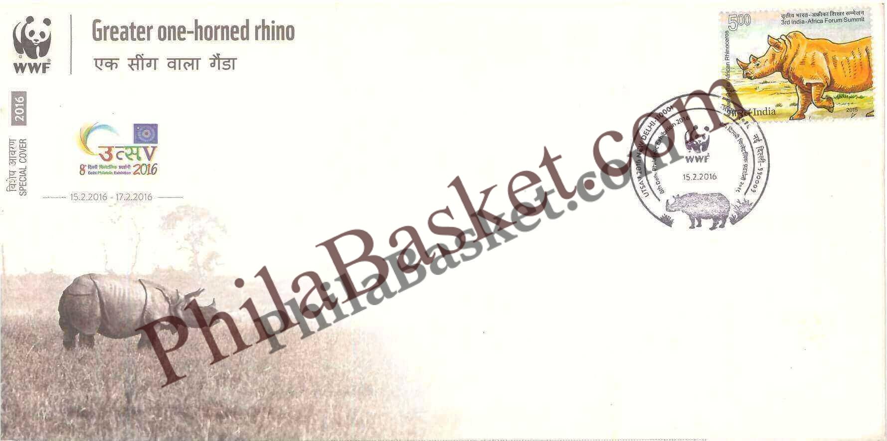 #SC524 - Greater one - Horned rhino - WWF Issue, Utsav 2016, Stamp Exhibition by New Delhi circle - Special Cover - India - 15 Feb 2016