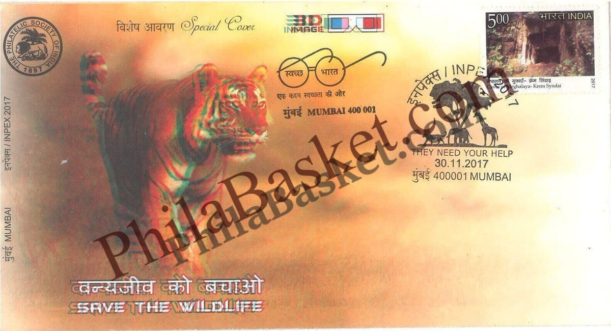 #SC557 - Save The Wild Life with 3D Image Cover, InPex 2017, Stamp Exhibition by Maharashtra circle - Special Cover - India - 30 Nov 2017