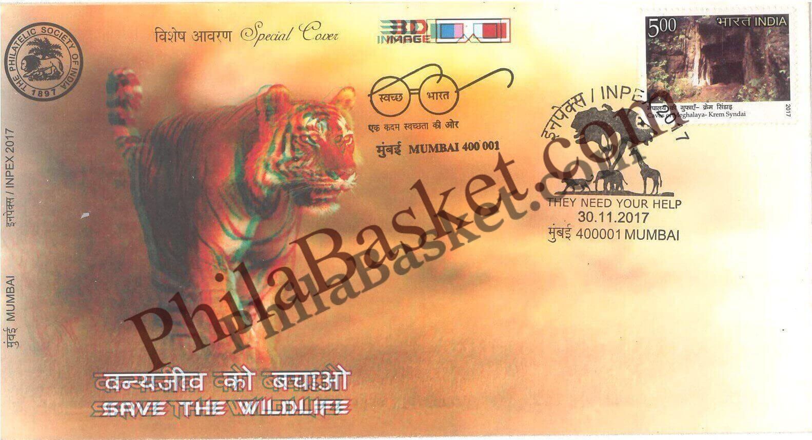 #SC557 - Save The Wild Life with 3D Image Cover, InPex 2017, Stamp Exhibition by Maharashtra circle - Special Cover - India - 30 Nov 2017