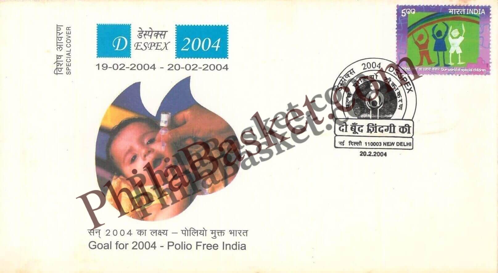 #SC910 - Polio Free India - DesPex - 2004 - Philatelic Exhibition by New Delhi circle - Special Cover - India - 20 Feb 2004